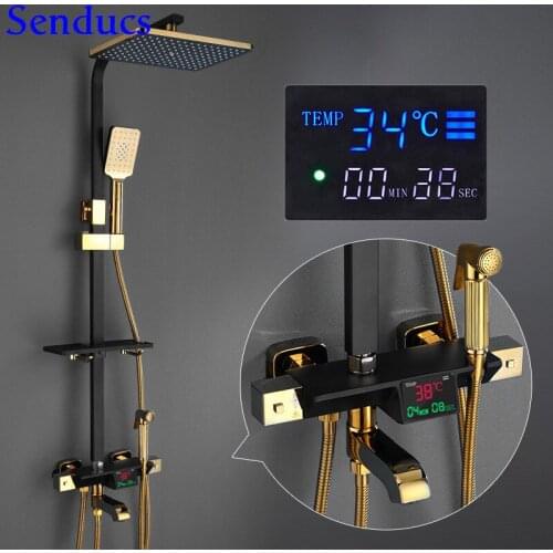 Black Gold Shower Set Senducs Temperature Bathroom Rainfall Shower Set Quality Rass Bath Shower System 10 Inch Top Shower Faucet