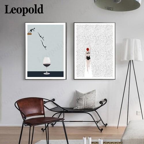 Nordic Light Color Abstract Poster Villain Swimming Jumping Into Wine Glass Painting Wall Art Living Room Decoration