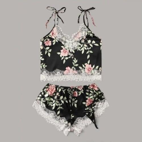 New Ladies Sexy Sling Floral Pajamas Imitation Silk Casual Home Service Suit