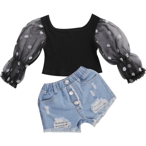Girls Clothes 2020 Kids Baby Mesh Set Summer Toddler Infant 2PCS Dot Puff Sleeve Crop Top Denim Shorts Pants Clothing Outfits