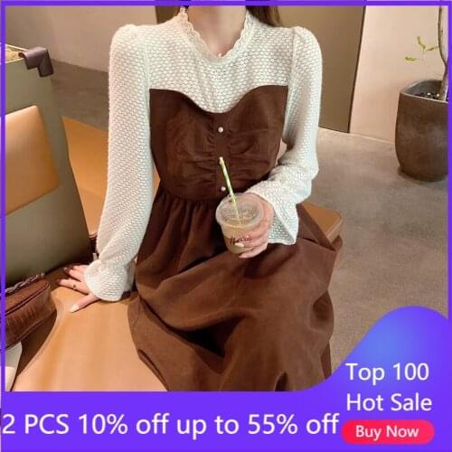 Autumn Winter Elegant Lace Stitching Dress For Women Vintage Loose Long Dresses