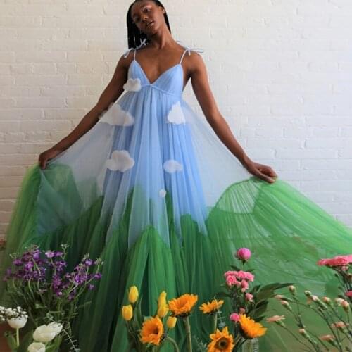 Special Design Prom Dress Spaghetti Strap A Line Blue and Green Color with Cloud Party Evening Gown Vestido De Festa