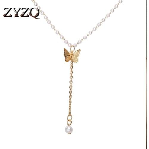 ZYZQ Baroque Imitation Pearl Bead Necklace Elegant Tassel Butterfly Choker Necklace for Women Wedding Jewelry 2021 New