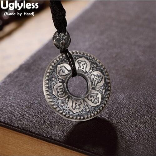 Uglyless Real 999 Pure Silver Button Thai Silver Lotus Mantra Necklaces with Rope Vintage Buddhistic Pendants Religious Jewelry