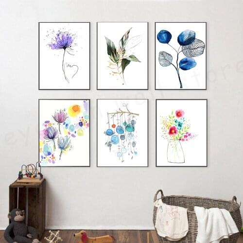 Nordic Blue and Purple Line Flower Vintage Watercolour Style Wall Art Canvas Painting Posters and Prints for Living Room Decor