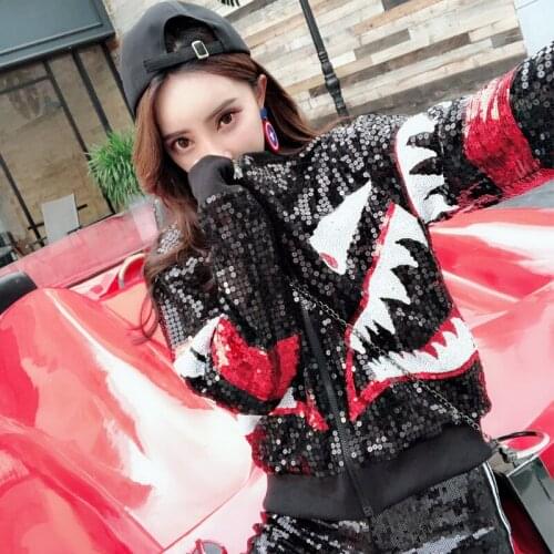 Chic Bomber Shark Sequins Jacket Baseball Uniform Coat Zipper Cardigan Long Sleeve Hip Hop Beading Dance Show Outwear Tops