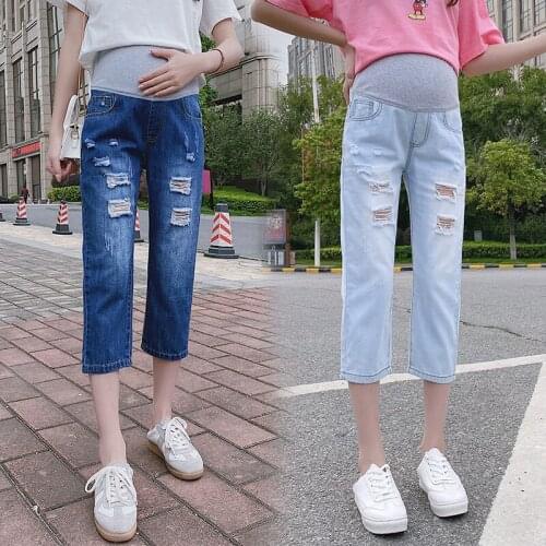 1122# Maternity pants Spring Summer Maternity Jeans Belly Support Pants Elastic Waist Hole Decoration Maternity Trousers
