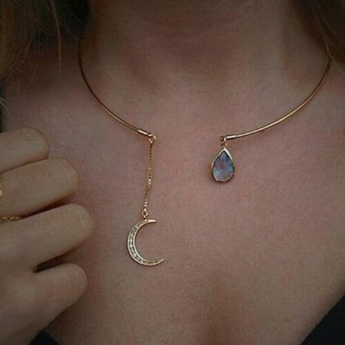 Vintage Diamonds Moon Pendant Short Neckalce for Women Party Jewelry Accessories