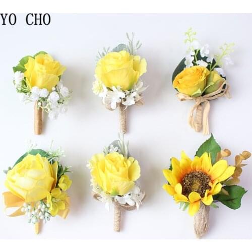 YO CHO Boutonnieres Men Roses Yellow Silk Flowers Wrist Corsages Bracelet Sunflowers for Boutonnieres Marriage Wedding Supplies