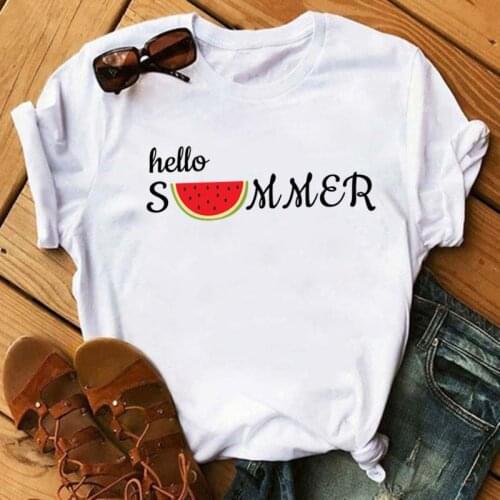 Women Hello Summer watermelon Fruit Print T-shirt Female Graphic T Shirt Girl Streetwear Tees Shirt 90s T-shirts Drop Ship