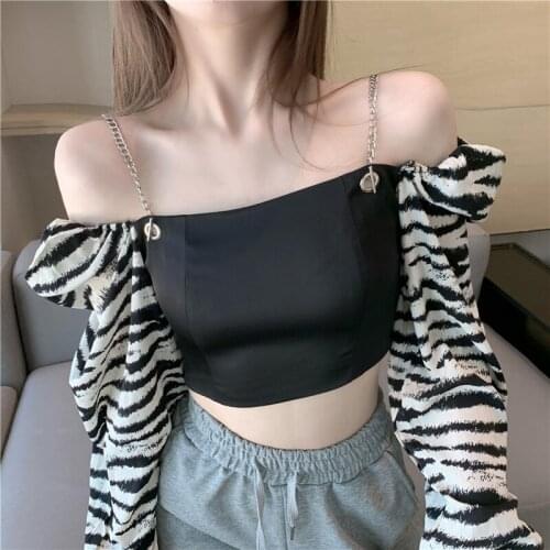 Sexy strapless one-line neck zebra pattern long-sleeved shirt womens early autumn 2021 new fashion chain strap shirt