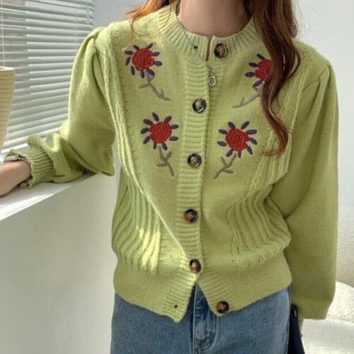 Harajuku Vintage Embroidery Floral Lantern Sleeve Cardigans For Women Autumn Winter Elegant Loose O Neck Sweater Jacket Outwear