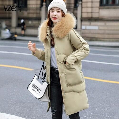 Yzeqi Winter Women Jacket Warm Fleece Hooded Down Coats Long Cotton-padded Jacket Thickness Parkas Large Fur Collar Snow Outwear