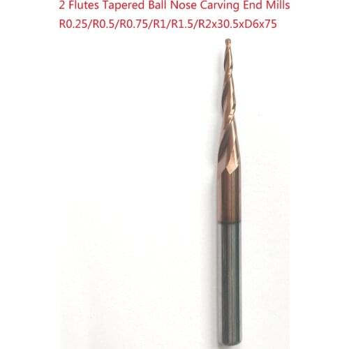 1pc R0.25/R0.5/R0.75/R1/R1.5/R2*D6*30.5*75L*2F HRC55 solid carbide Tapered Ball Nose Carving End Mills CNC milling cutters knife