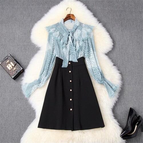 2020 Elegant Woman New Fashion Spring Dress Lady Bow Neck Print Chiffon Patchwork Casual Short Aline Dress Vestidos