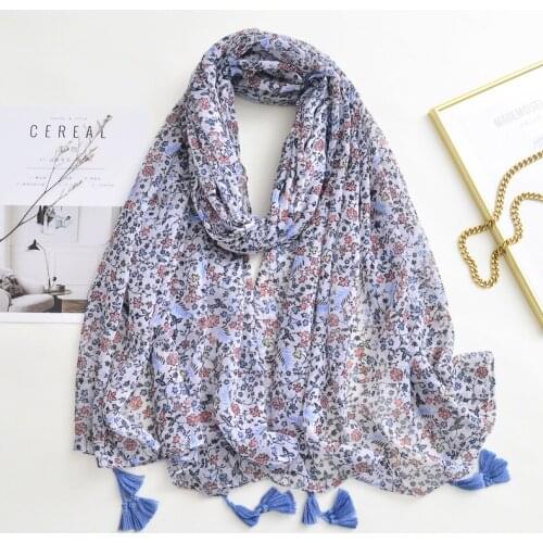 2021 Fashion Newest Floral Printed Pattern Cotton Voile Tassel Scarf Shawls Wraps Hijabs 10pcs/lot