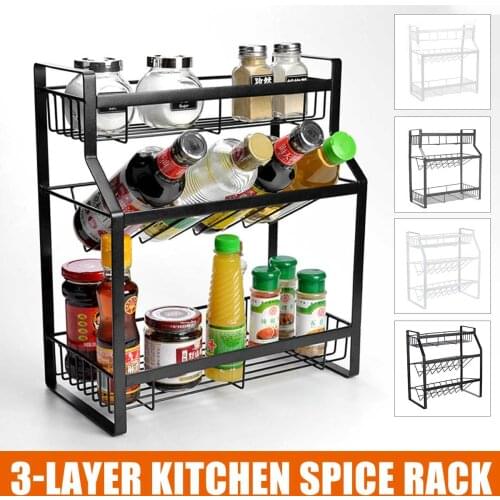 3-Layer Metal Kitchen Spice Rack Jars Bottle Shelf Kitchen Organizer Shelf Storage Holder Oblique Bottom/Square Bottom