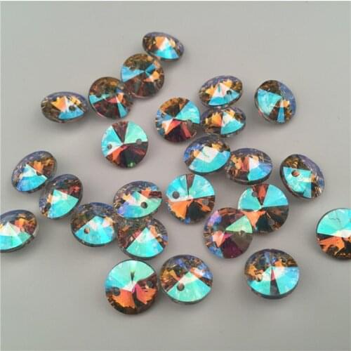 50Pcs 12MM Point Back Round Balck AB Two Holes Rhinestone For Handmade Craft Sew On Clothes Shoes Bags Garments Decoration