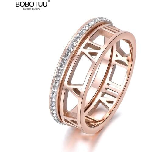 BOBOTUU Classic 2 In 1 Stainless Steel Ring Hollow Out Roman Numerals Rose Gold Jewelry Party Jewelry For Women Anneau BR18144