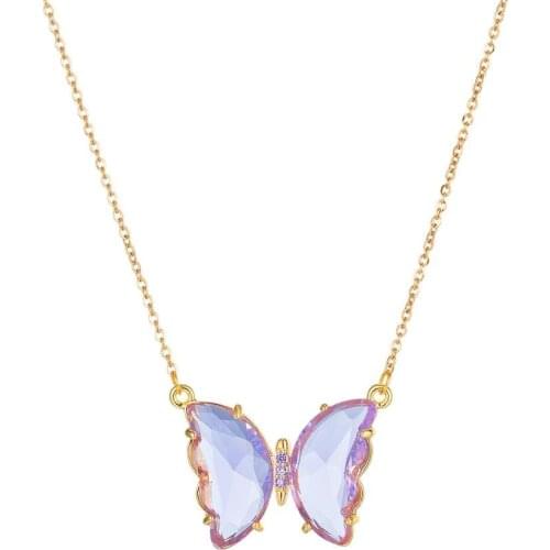 Stainless Steel Chain Gold Color Jewelry Glass Crystal Butterfly Pendant Charm Necklace for Women Girl