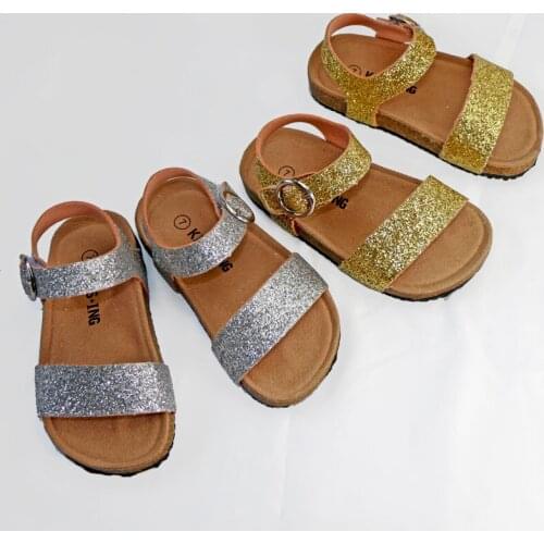 2020 New Summer Giltter Kids Sandals Corks Girls Shoes HOOK&LOOP PU Leather Bling Beach Slides Casual Shoes Slip On Orthopedic