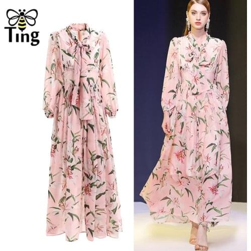 Tingfly Runway Maxi Long Summer Chiffon Maxi Dresses Floral Pink Lily Vintage Party Dresses Elegant Casual Robes Talla Grande