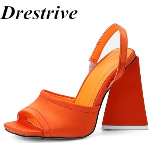 Drestrive Satin Fashion Summer Women Sandals Manual Custom Square Toe Big Size 45 Thick High Heel Shoes 10 cm Orange