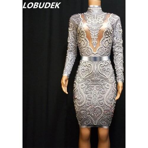 High-end Luxury Women Dress Gold Silver Pearls Rhinestones Long Sleeve Wrapped Hips Dress Birthday Party Evening Stage Costume