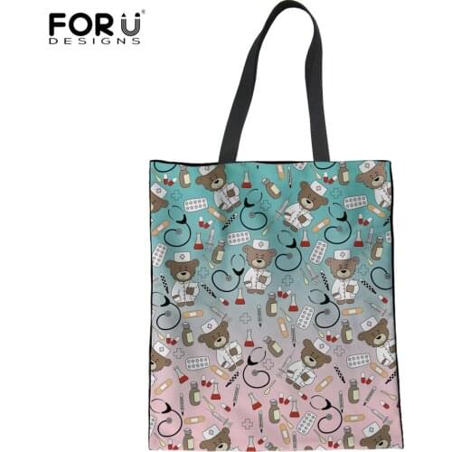 FORUDESIGNS Gradient Style Nursing Bear Prints Canvas Bags Teen Girls Cute Cartoon Large Capacity Book Shoulder Bags Hand Bag
