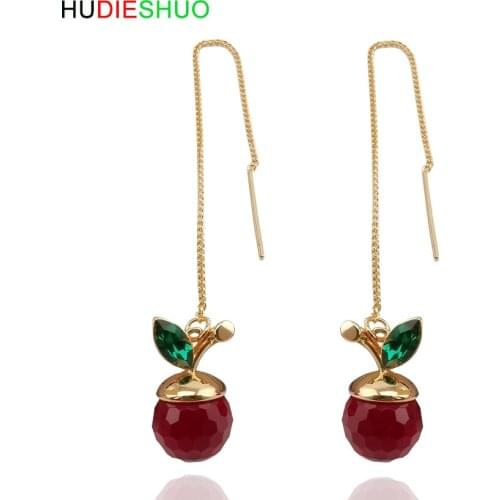 HUDIESHUO Women Jewelry 925 SterlingSilver Cherry Crystal Long Drop Earrings Korean Earings