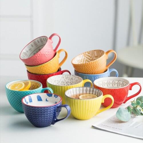 380ml Ceramic Hand Painted Coffee Cup Large-Capacity Cereal Home Drinking Water Milk Coffee Mug Vintage Embossed Tea Cup