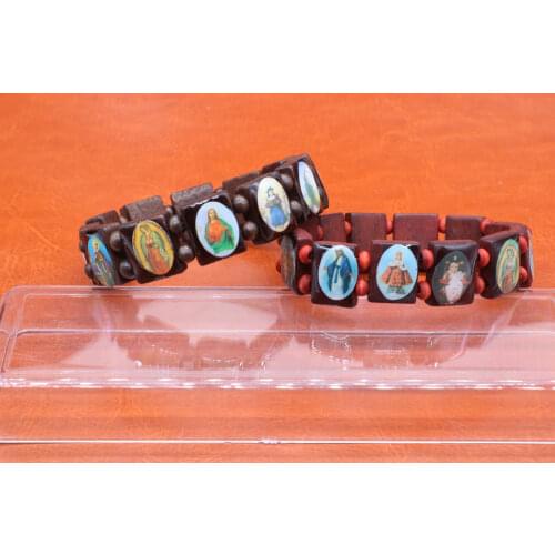 Wholesale classic elastic mahogany with brown rosary beaded bracelet, small square wooden bracelet Catholic icon
