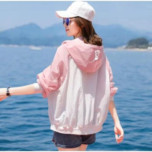 Korean Fashion Womens Spring Jacket With Zipper Summer Thin Sunscreen Coat Embroidery Hooded Loose Oversized Female Jackets