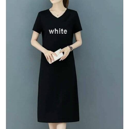 Summer Woman Dress Letter Print V-neck Casual Clothing Plus Size Short Sleeve Midi Dresses Female Black Simple Korean Vestidos