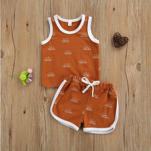 2Pcs Toddler Baby Boys Summer Outfits Cute Sun Print Sleeveless Vest Tops Short Pants Set Baby Boys Casual Sets