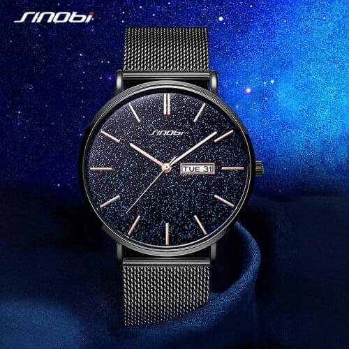 SINOBI Fashion Colorful universe Sky Mens Watch Calender Week Man Quartz Wristwatches Mesh Stainless Steel Male Black Watches