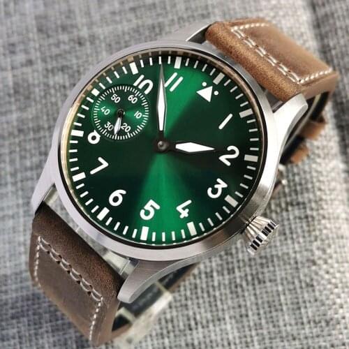 42mm Sapphire Glass Mechanical Mens Watch Asia 6497 Manual Movement Green Dial Silver/Bronze/Black Plated Leather Strap