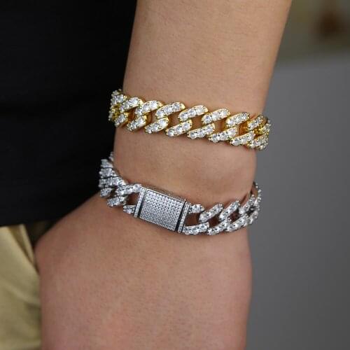 Hip Hop Bling Iced Out Mens Rapper Bracelet Full Rhinestone Pave Gold Color Miami Cuban Link Chain Bracelets for Men Jewelry