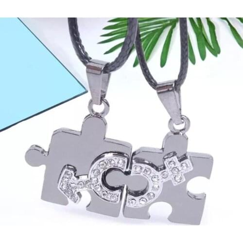 2PCS Necklace Titanium Steel Couple Pendant Women Men Love You Half Heart Puzzle Crystal Choker Fashion Anniversary Accessories