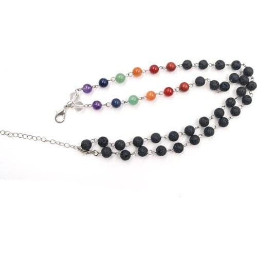 Popular Silver Plated Link Chain Colorful Round Beads Healing Chakra Necklace Black Lava Stone Jewelry