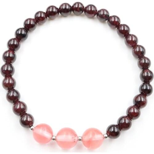 Handmade Weave Garnet Stone with Cherry Quartz Round Beads Elastic Bracelet Ethnic Style Jewelry