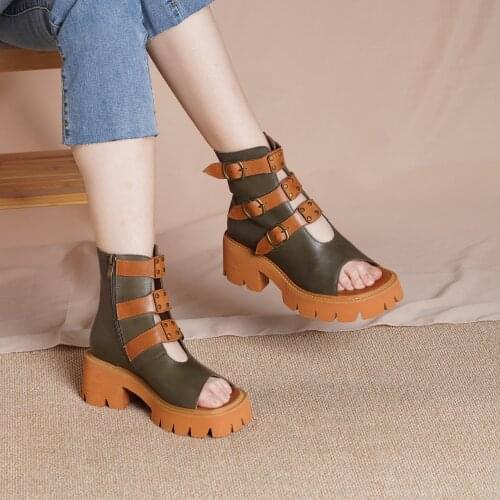 2021 Designer Summer Shoes Genuine Leather Platform Sandals Side Zip Retro Summer Shoes Open Toe Green