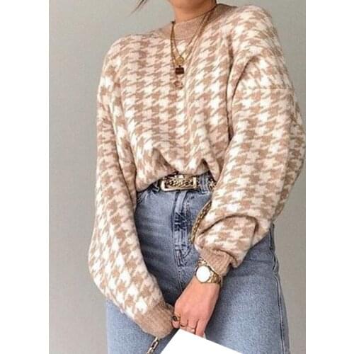 Retro Women Geometric Knitted Sweater Pullover Casual Houndstooth Pullovers Sweaters Khaki Black Autumn Winter Woman Jumper Lady