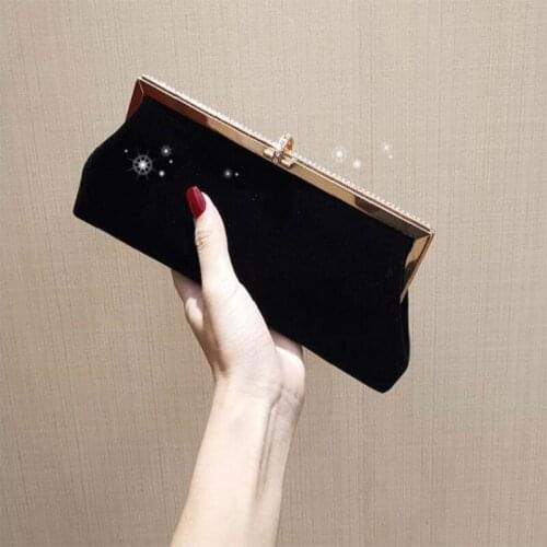 Women Retro Black Velvet Evening Clutch Bag Glitter Rhinestone Buckle Banquet Party Ladies Handbag Wedding Cocktail Purse