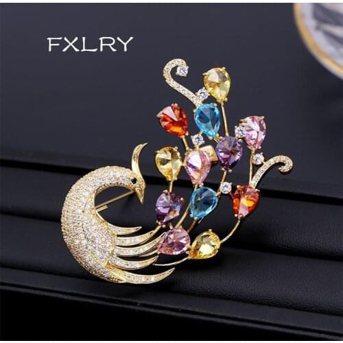 FXLRY Hot Unique Design White /Gold Color Multi Cz Micro Pave Setting Phoenix Bird Animal Brooches womens jacket suit pin Jewel