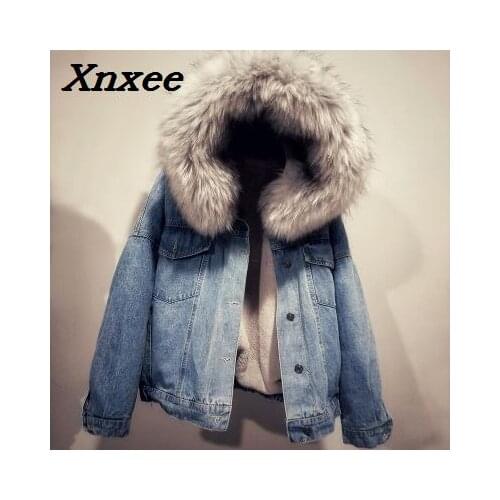 Women winter thick jeans jacket faux fur collar hooded denim coat female lamb fur padded warm denim jacket causal outwear Xnxee
