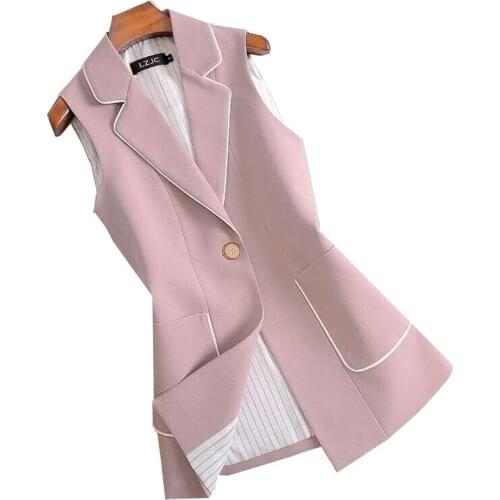 Women 2021 Spring New Mid-Length Pink Suit Vest Inlaid White Striped Coat Vest Slim Female Plus Size Elegant Waistcoat Thin W35