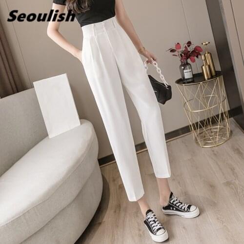 New 2020 Korean OL Style Solid Womens Formal Harem Pants High Waist Elegant Office Lady Button Ankle-Length Pants Pockets