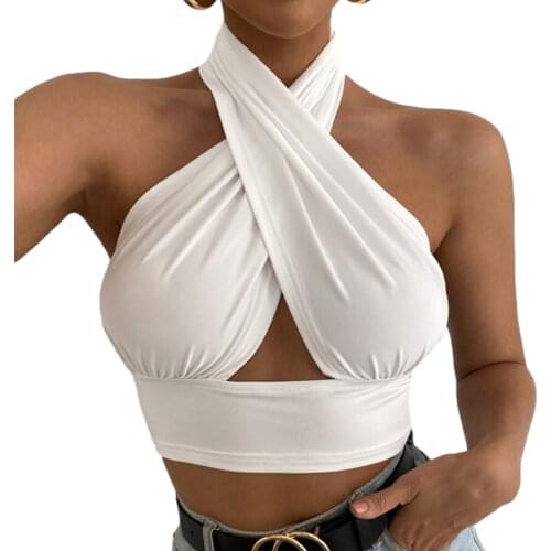 Women Summer Halter Tank Tops Solid Color Cross Halter Neck Backless Camis Close-Fitting Crop Tops for Girls Tees Clubwear