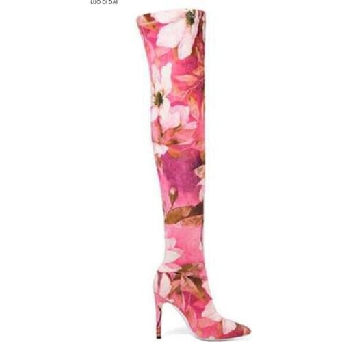 2020 new women flowers boots skinny booties thin heel over knee high boots ladies party shoes elastic sock booties women